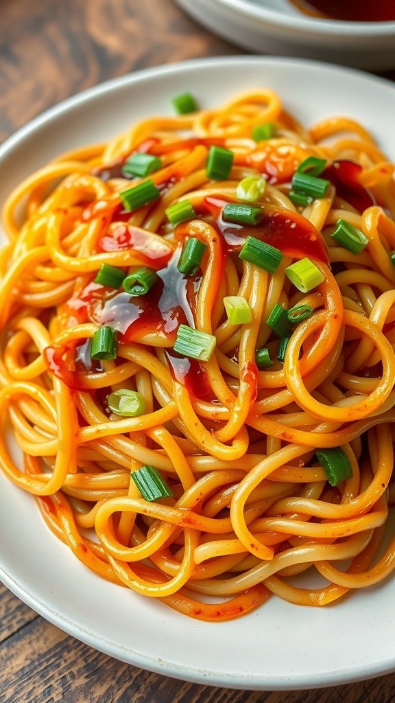 A plate of stir-fried onion noodles with caramelized onions and green onions on a wooden table.